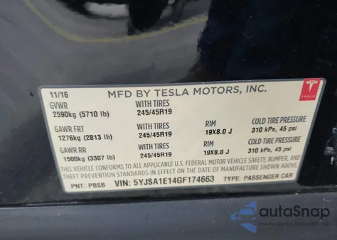 2016 Tesla Model S 60/70/75/85 from USA, damaged, VIN 5YJSA1E14GF174663